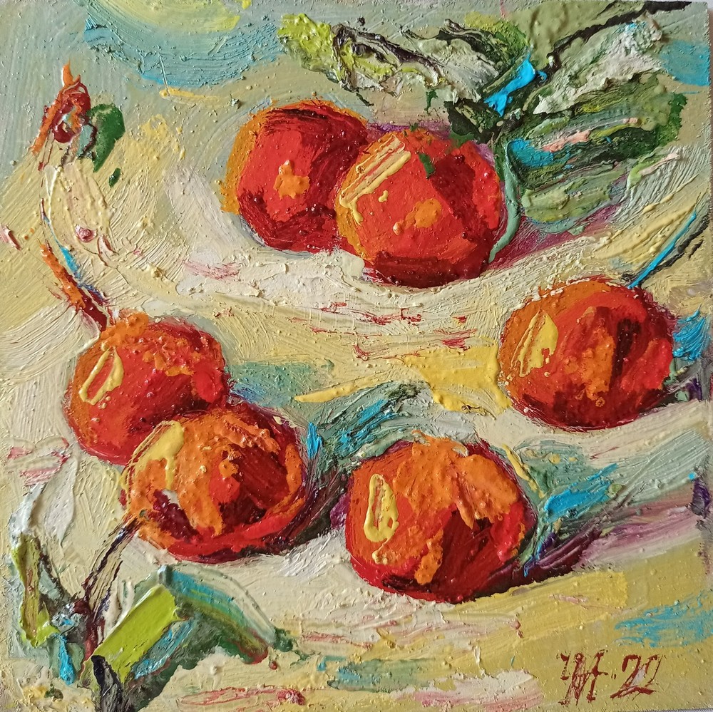 Cherries Impasto Painting Original Art Impression Oil Painting 6 x 6 in