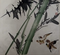 Chinese ink brush painting depicting bamboo and birds, 15×15”