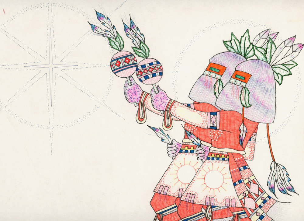 Vintage Southwestern Ceremonial Dancer Drawing Folk / Outsider Art w/ Embossing