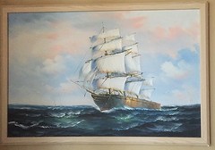 VINTAGE ORIGINAL OIL PAINTING OF „CLIPPER SHIP“ SIGNED BY PETE ROGERS 38″ X 26″