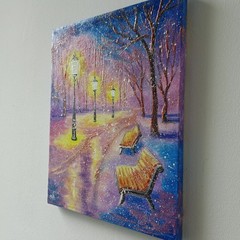 Original Oil Winter Landscape Painting Snow Park Benches Canvas Wall Art Decor