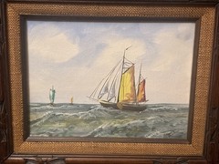 Vtg 9×12 Oil Painting Colorful Seascape Sailboat Lighthouse Nautical Framed Sign
