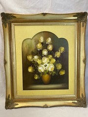 Original Oil Painting on Canvas White Roses Flowers in a Vase Silk Framed