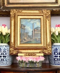 Painting Old World City Vintage Oil Art on Board in Golden frame