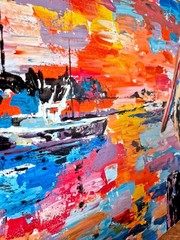 Original Acrylic 16×20 Abstract Pelican Seascape Sunset Canvas Signed Decor C025