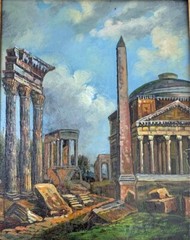 Painting Old World City Vintage Oil Art on Board in Golden frame