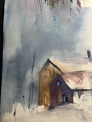 Snowy Village Landscape–Charlotte Hoffman–Medium Size Watercolor-Mid 20th NY Art