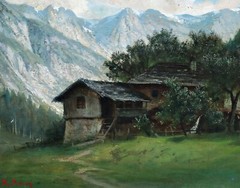 Albert Arnz (1832 Düsseldorf – 1914) landscape with mill and mountains oil