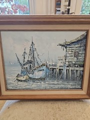 FLORENCE FISHING BOAT AT DOCK ORIGINAL OIL CANVAS SEASCAPE PAINTING FRAMED