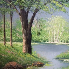 R Garcia Original Oil Painting Spring Landscape Tree Lake Pond Wood Framed