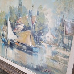 J. Rolands Signed 1950s 44×32″ Original Oil on Canvas Painting Dutch Canal Boats
