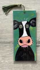 Bookmark Hand Painted Whimsy Cow Laminated Painting By Kenna 9cm X 20cm Tassel