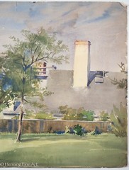 Stunning Antique Watercolor Landscape Coastal Town with Sun Dial Unsigned & FINE