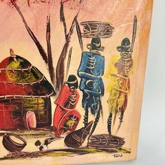 Kenyan Africa Culture Painting On Canvas Signed Twiga Villagers Hut 14.5×21.5 In