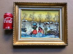 Great primitive Eastern European painting By Edith Simon on Masonite Board.