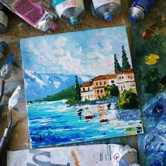 Lake Como Painting Scenery Italy Original Art Impasto Oil Painting 3D Art 6×6