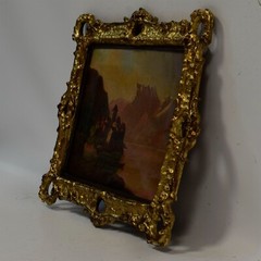 Old painting, Castle by the lake shore, oil 16.9×14.6 in