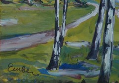 Beautiful Gouache Summer Landscape with Figures Walking On A Path & Sheep
