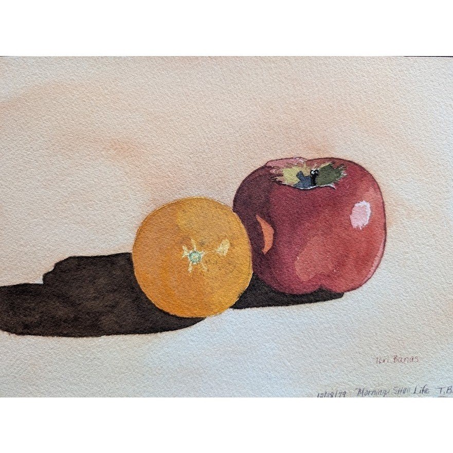 Vtg Still Life Watercolor 8×12 Fruit Apple Orange Signed Teri Banas Minimalist