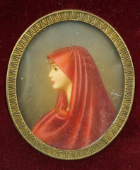 Lot Group 4 miniature paintings portrait lady Hermi Says bronze frame bas-relief