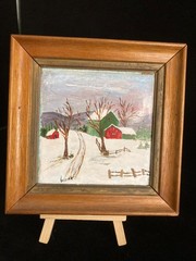 Framed Painted Ceramic Tile Farm House In Snow Winter Scene Signed by Artist