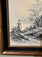 Melton Signed Oil Painting Canvas Country Cottage Forest Lake Water Cabin 20×16