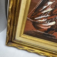 C.K Fang Acrylic Painting Vintage Gold Frame 13″ x 11″ Red Sky Boat Scene Set 2