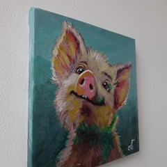 Original Acrylic Painting Cute Happy Pig Portrait Small Hand Painted Canvas Art