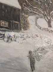 VTG Oil Painting Framed Landscape Snow with Christmas Tree and Barn Signed Art