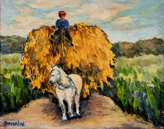 Oil Painting Hay Cart Crops Farming Horse Boy Landscape ORIGINAL Framed -Donalee