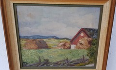 1930 year oil painting artwork with frame picture painting oil painting field village