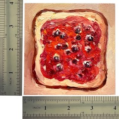 Sandwich with Berry Jam Original Oil Painting Food Bread 4x4inches Signed