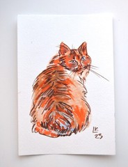 Ginger Cat Watercolor 7×5 Fluffy Blue-Eyed Feline Portrait Signed Art