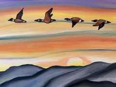 Original oil painting 11 x 14 inches blue ridge mountains with geese at sunset