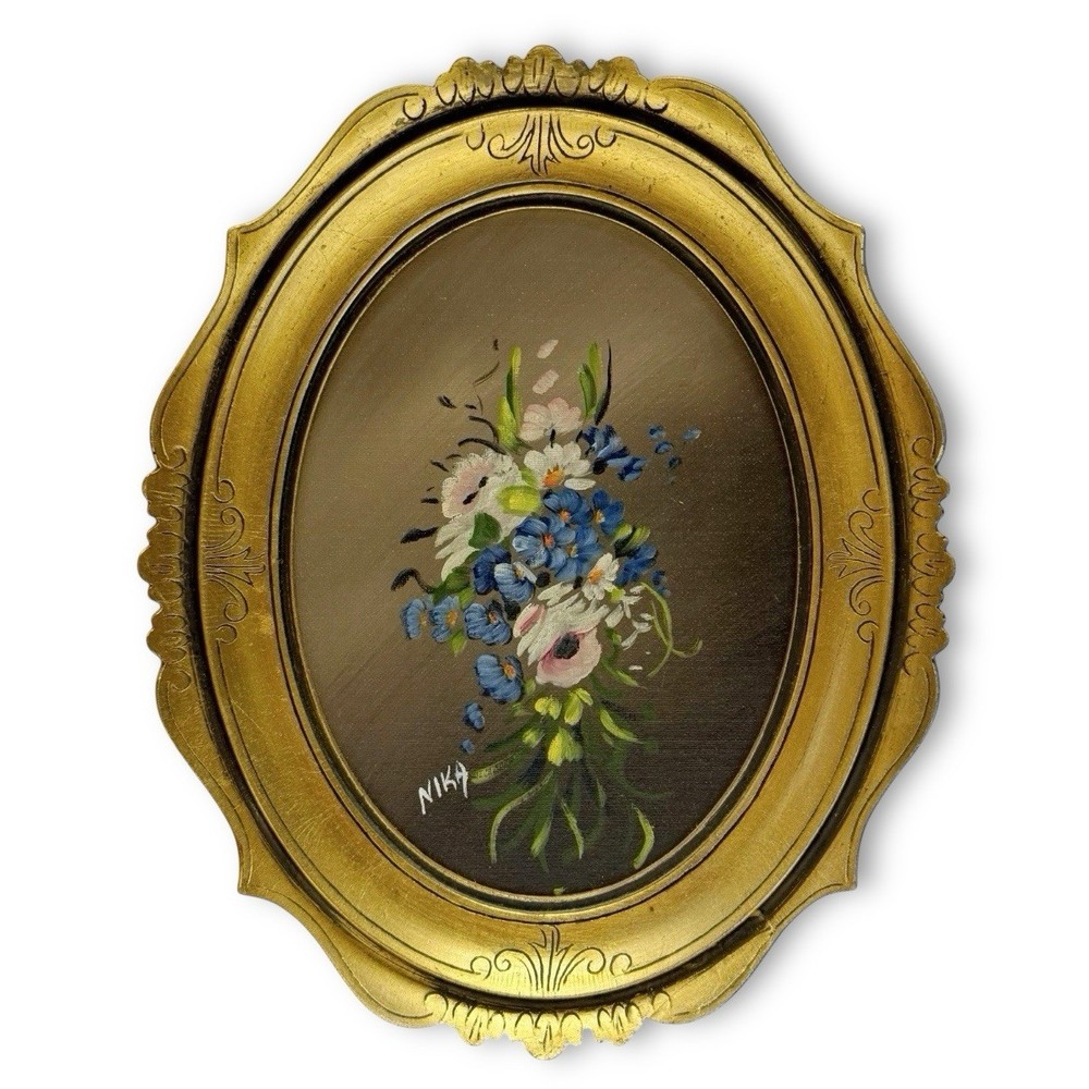 Vintage Original Signed Pastel Floral Flowers Painting Gilt Ornate Oval Framed
