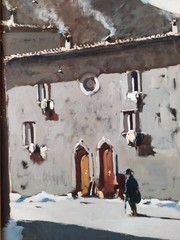 Snowfall in an Old Italian Village Winter Landscape Vintage Oil Painting signed