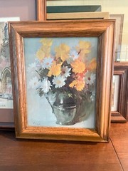 White And Yellow Flower Painting On Blue Background In Frame 12.5×10.5”