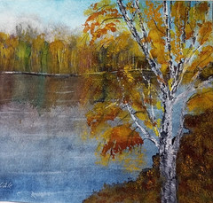 paintingOriginal autumn watercolor landscape with river, reflection, trees, birc