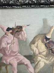 ANGELO DELLA TORRE PAINTING THREE MUSICIANS JESTERS MID CENTURY ITALIAN LISTED