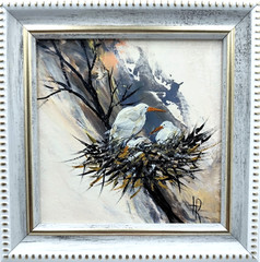 Original Oil Painting 4×4 in Framed Signed Little Birds Impasto Art