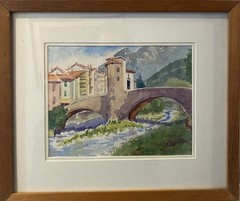 Elise Davis Pieropan Watercolor Painting Italian Bridge Village Framed 18×16