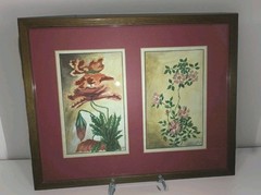 Botanical Flower Double Art Work Pictures Wood Frame Signed Germany 1954 VTG
