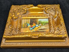 VTG Baroque Ornate Miniature Hand Painted Oil Painting Framed Chickens 7x6x1 3/8