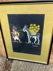 Signed ORIGINAL Boy Donkey MEXICAN Folk Art OIL PAINTING Framed SOMBRERO Flowers