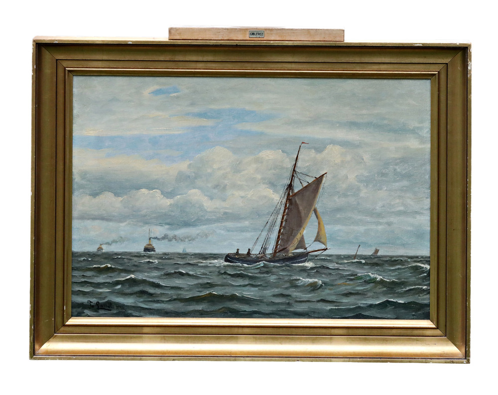 Oil On Canvas Signed Frants Landt (1885-1975) Seascape Sailboat
