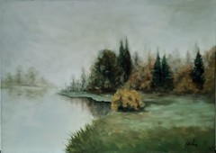 Foggy Lake Landscape, Calm Nature Oil Painting, Misty Forest Wall Art 27×25 in.