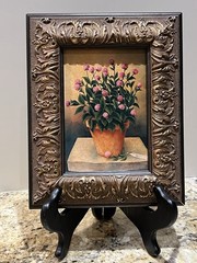 Signed European Pink Globe Amaranth Flowers Terracotta Pot Oleograph Framed Art