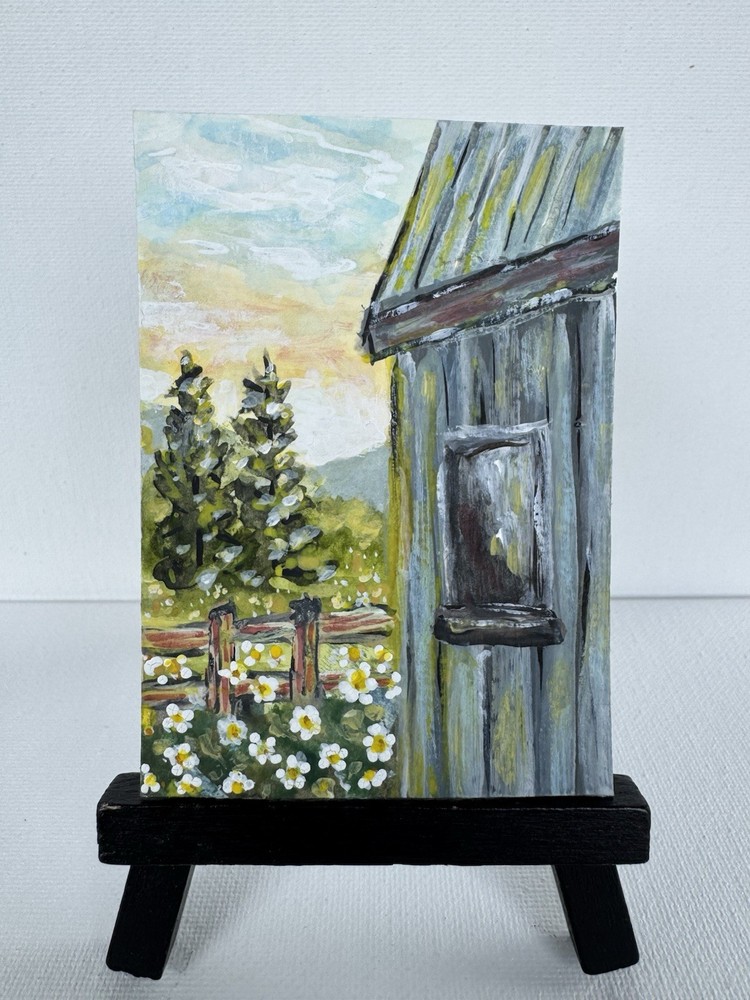 ACEO Original Landscape Sun Rise-Old Barn-Flowers 2.5 x 3.5 Itty Bitty Art