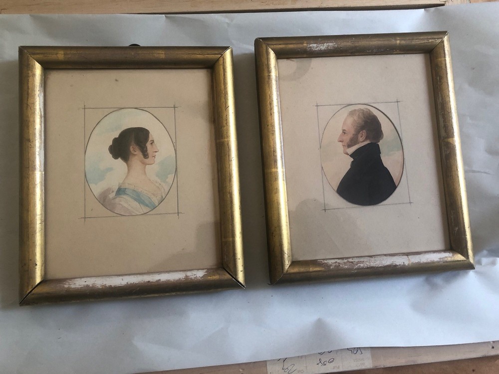 Pair Antique 19C Miniature Watercolor Lady & Gentleman Portraits Gilt Frames