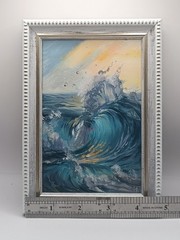 Original Miniature Ocean Wave Oil Painting Framed Seascape Sea Foam Art 4×6